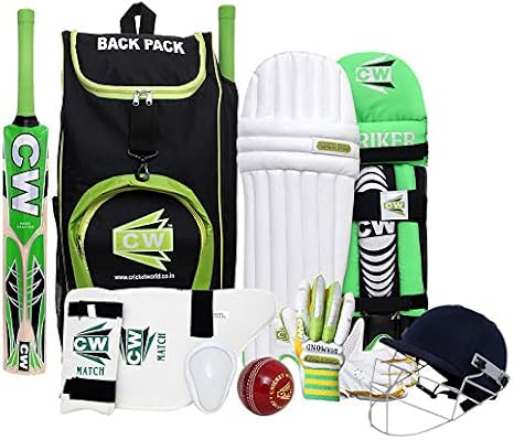 CW Bullet Left Hand Cricket Set Green Kit Full Set Kashmir Willow Bat Junior Batting Gloves Original Cricket Set Unisex Age 5-7 Year Protector Lower Body Guard All Gears