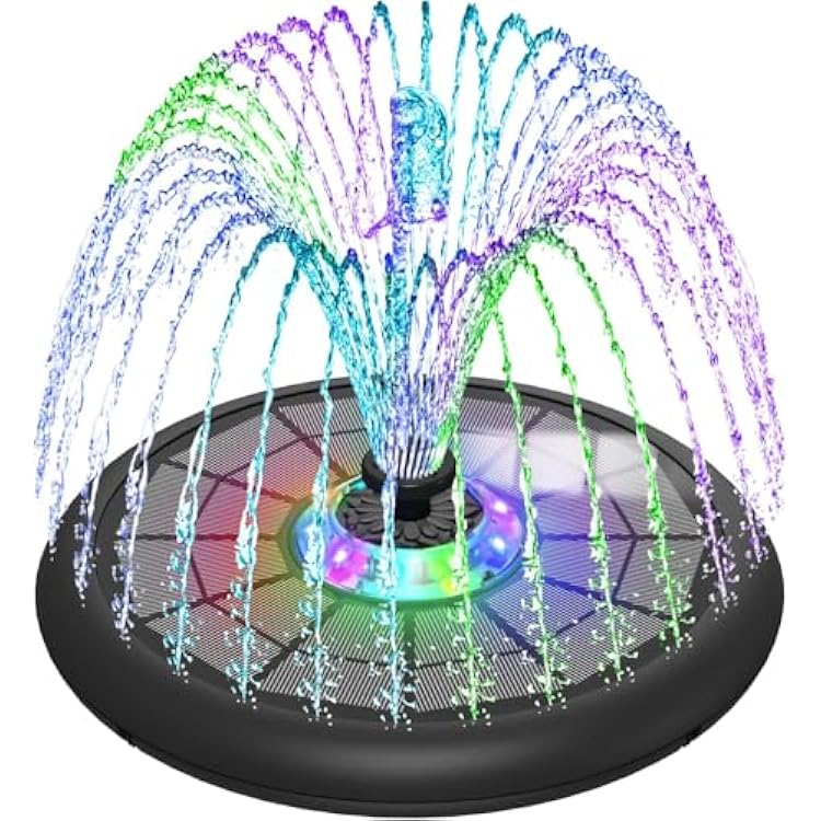 SZMP Solar Fountain Upgraded UFO Colorful Lights, 5W Solar Water Fountain Pump with 7 Nozzles & 4 Fixers, for Bird Bath, Garden, Pool, Outdoor Decor Multicolor