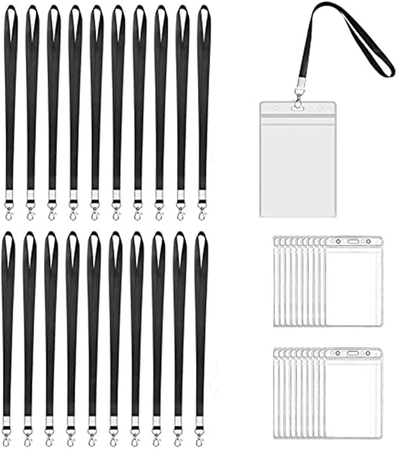 20 Pack ID Badge Holder with Lanyards Waterproof Clear Plastic Vertical Name Badges ID Badge Holders and 20 Pieces Flat Collars for Office Name Badges