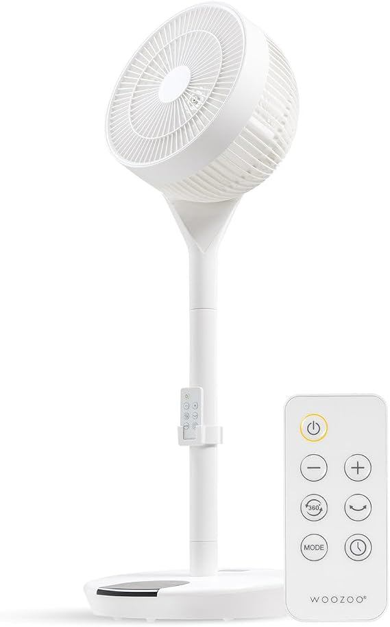 IRIS USA WOOZOO Pedestal Standing Fan, 360 Oscillating Fan, Vortex Fan, DC Motor Quiet and Eco Friendly, Remote Equipped 5-in-1 Fan with Timer/ 12 Speed Settings, Touch Panel, Height Adjustable, White