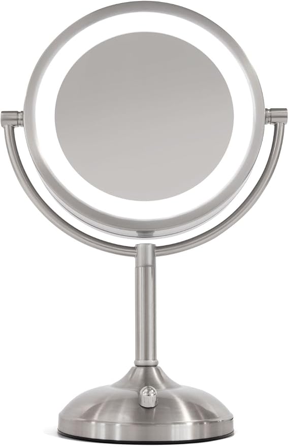 JERDON Lighted Makeup Mirror with 10X Magnification - Nickel - JS8510BN | 8.5" Round Frame, Multiple Light Settings, LED Lighting, 16" Tall