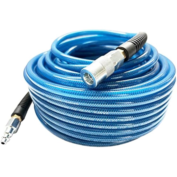 SANFU PU Polyurethane Reinforced Air Hose 14ID6.3 x 9.8mm x 100ft, Anti-low temperature 300PSI with 14-Inch Swivel Solid Brass Quick Coupler and Plug, Navy Blue100