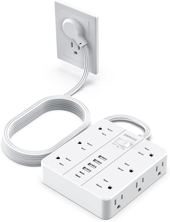Power Strip 10ft Extension Cord,SMNICE Flat Plug with 12 Outlets 6 USB(2 USB C),Power Strip Charging Station with Overload Protection for Home, Dorm,Office