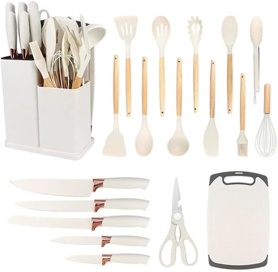 Kitchen Utensil Set, Cookware Tool Set, Silicone Kitchen Utensils, 19 Piece Set, Non-Stick Cooking Spatula, with Storage, Combination Set, Silicone Material, Food Grade Cutting Board, Kitchen Tool