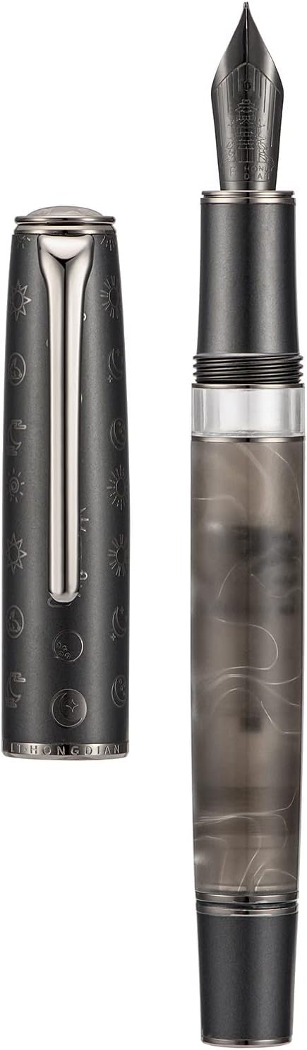 Hongdian N7 Gray Resin Piston Fountain Pen, Iridium Extra Fine Nib Classic Pen Rabbot on Cap Top, Smooth Writing Pen with Metal Box