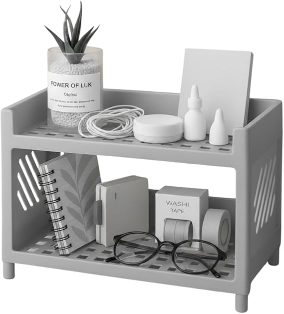 Çok Amaçlı 2 Katlı Organizer Raf – Plastik Düzenleyici Stand – Banyo, Mutfak, Masaüstü ve Ofis İçin – 25 x 18 cm (Gri)