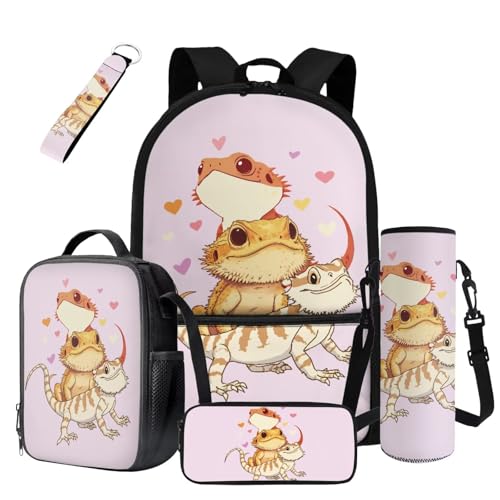 Pink Lizard Backpack with Lunch Box Set Elementary Middle School Backpacks for Girls Large Capacity Bookbag Teen Book Bag Back to School Supplies