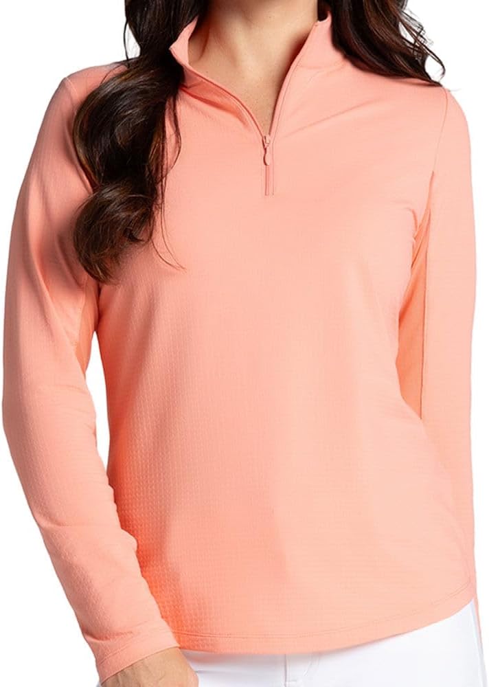 IBKUL Athleisure Wear Sun Protective UPF 50 Icefil Cooling Tech Long Sleeve Mock Neck Top with Under Arm Mesh 80000 Peach Solid M
