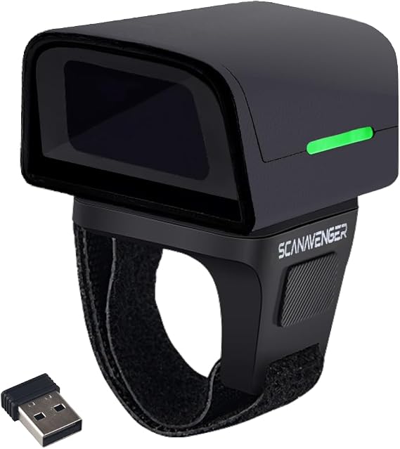 1D 2D QR Ring Bluetooth Barcode Scanner Wearable Mini Wireless Finger Reader, USB & 2.4GHz, Compatible with iOS, Android, Windows, for Warehouse, Store & Inventory Use