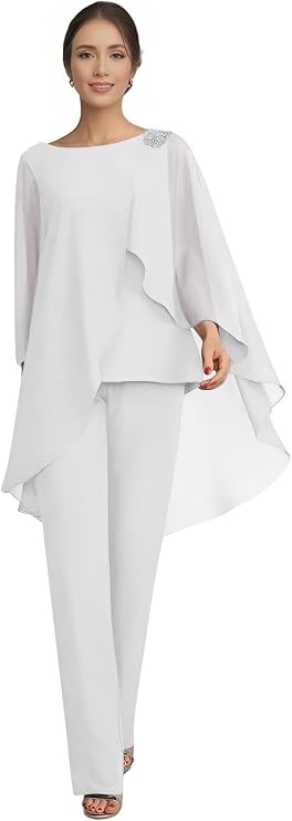 Mother of The Bride Pant Suits for Wedding Chiffon 2 Piece Pant Suit Cape Long Sleeve Formal Wedding Guest Outfits