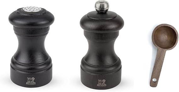 Peugeot Bali 4 Inch Pepper Mill with 3.5 Salt Mill Gift Set, Chocolate- With Wooden Spice Scoop