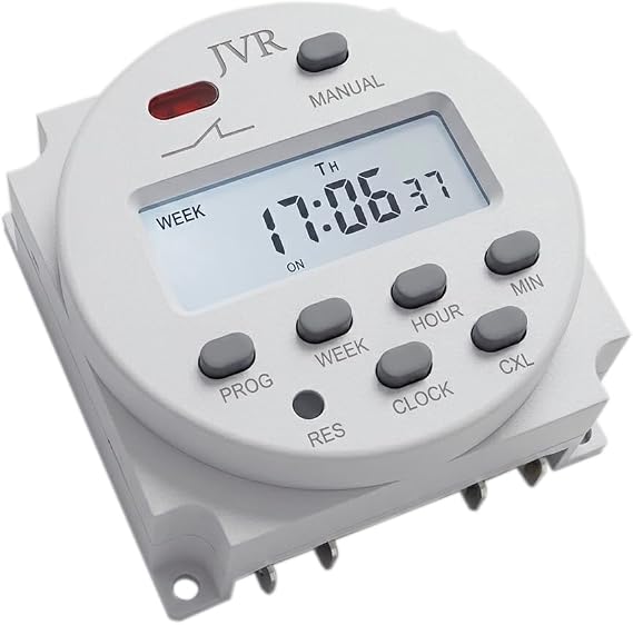 JVR 12V Timer Relay Switch, AC/DC Solar Battery, 16 Programmable Schedules