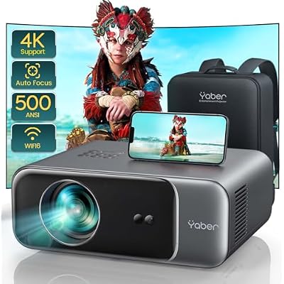 Auto FocusKeystone Proyector WiFi Bluetooth 4K Soporte, 20000 Lumenes YABER Proyector WiFi 6 Full HD 1080P Nativo Proyector Portatil Cine en Casa para MoviliOSAndroidTV StickPS5HDMIUSB