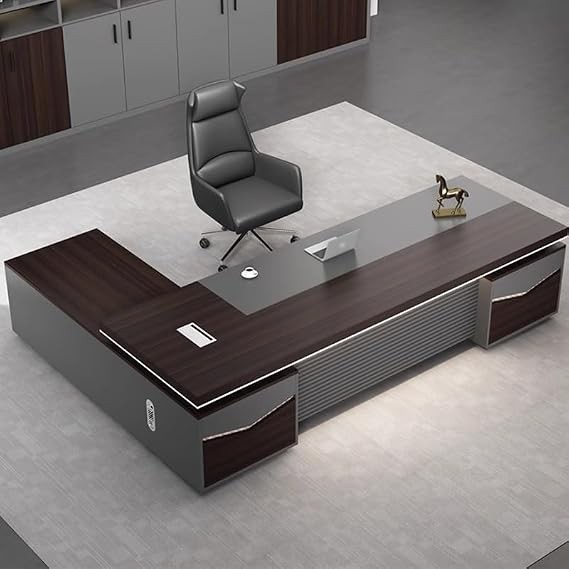 Modern Executive Desk LED Light Strip Modern Luxury L Shape Executive Desk, Large Business Home Office Wood Desks, Engineered Working Table Computer Desk with Cable Management and Drawers for Business
