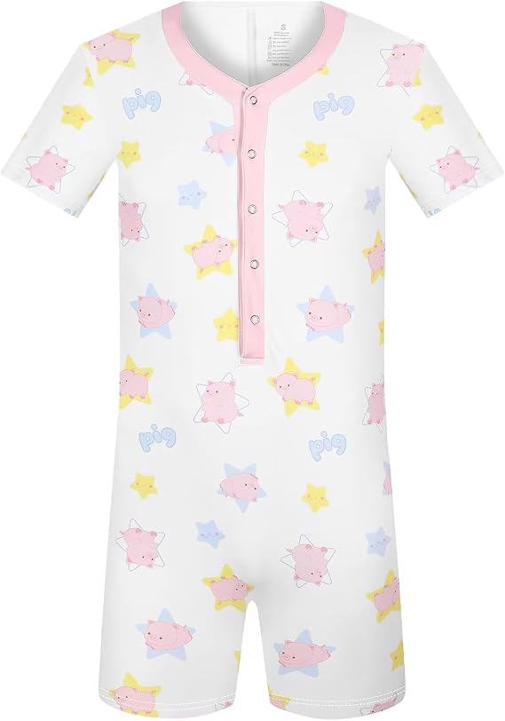 Landofgenie Men's Short Sleeve Onesie Back Cutout Romper Pajama - Piggy