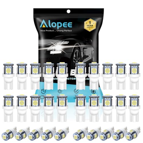 Alopee Led 194 Bulb White 6500K T10 Wedge Led Lights 5SMD 5050 Chips 12V Replacement for 158 168 193 198 2825 W5W Interior Car Lights Dome Map Door Trunk Light, Pack of 30
