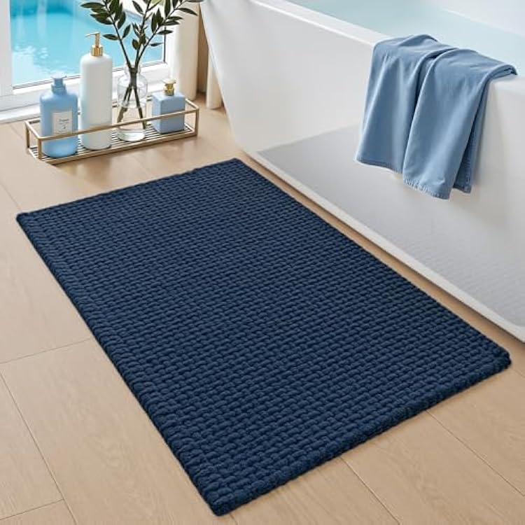 DEXI Bathroom Rugs 16x24, Non Slip Washable Bath Mat, Absorbent Chenille Bathmat, Ultra Soft Thick Carpet for Tub Shower Floor, Navy