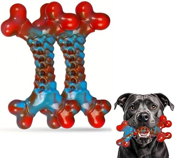 Durable Dog Chew Toy Bone, Red and Blue, for Aggressive Chewers, 2 Pack