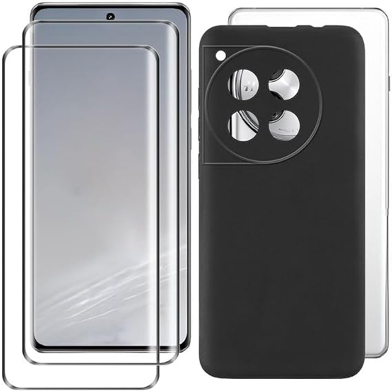 [2 Sets] Case for OnePlus 12 (6.82 Inch) Mobile Phone Case Silicone Cases Soft Phone Case TPU Cover Protector Cases Black Bumper + Screen Protector Tempered Film