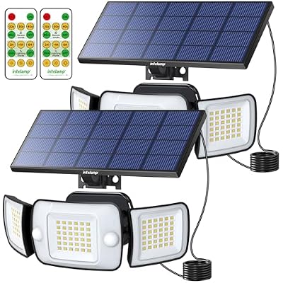 intelamp Solar Lights Outdoor, 3 Head Solar Motion Sensor Lights for Outside, lP65 Waterproof,Separate Panel with 9FT Cable Remote Control Flood Lights