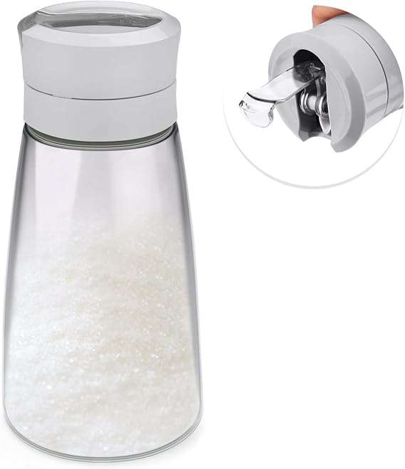 1Pack Glass Sugar Dispenser with Auto Flip Pour Spout, Weighted Pourer Sugar Container, 14.2oz Sugar Bowl Shaker Jar Salt Dish Holder Coffee Bar Accessories