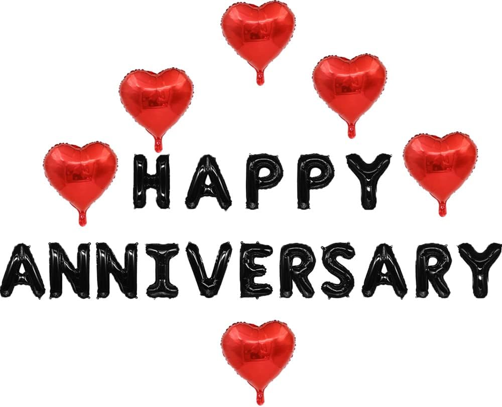 KUNGOON Happy Anniversary Balloon Banner, Valentines DayWedding Decorations, Love & Anniversary Party Supplies, 16 Inch Black & Red Aluminum Foil