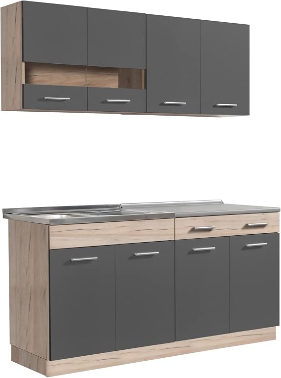Homestyle4u Kitchen Unit 160 cm without Appliances - Grey Oak