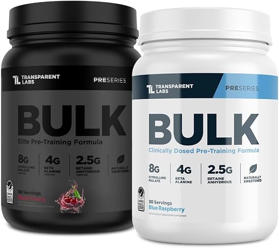 Transparent Labs Bulk Pre Workout Powder for Muscle Building and Strength - 30 Servings, Blue Raspberry & Bulk Black Pre Workout with Beta Alanine - 30 Servings, Black Cherry