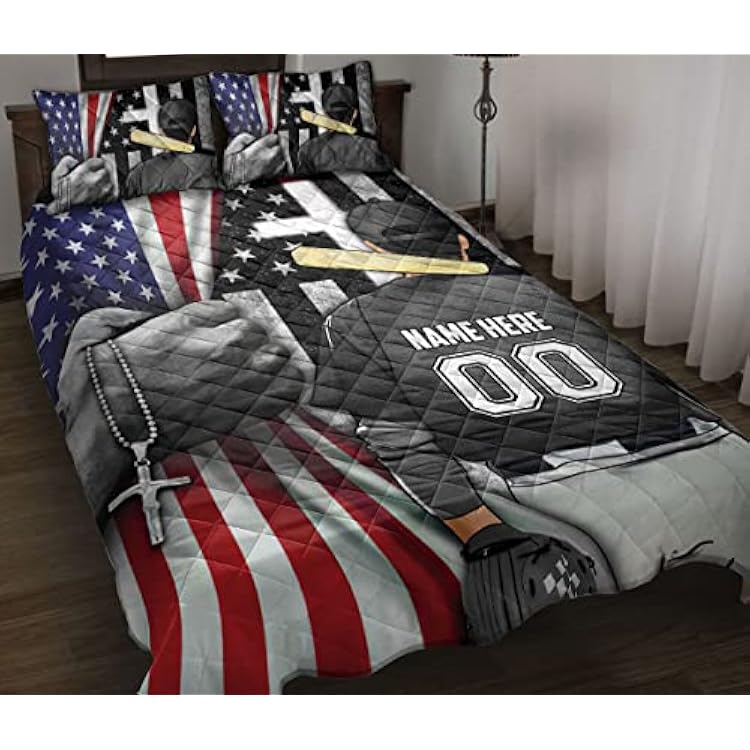 OhaPrints Custom Baseball for Son Boy Batter Cross Personalized Name Number Quilt Blanket & Pillowcases, Quilts Bedding Set & Pillow Cover, King Queen Double Twin Throw Full Size Bedspread Bed Sets