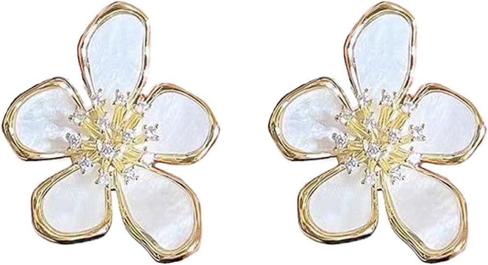 White Flower Earrings For Women, Irregular Floral Design Statement Drop Dangle Earrings for Vacation Fashion Jewelry Gift