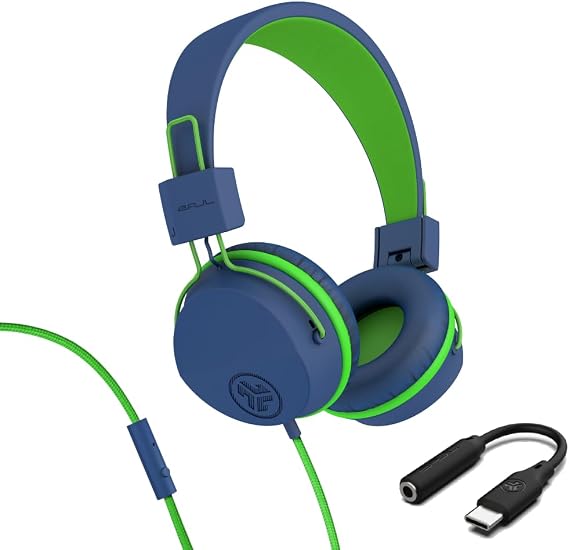 JLab, JBuddies Studio, Kids Wired on-Ear Headphones, Bundle with USB-C Adapter, Volume limiting, Foldable, Blue/Green