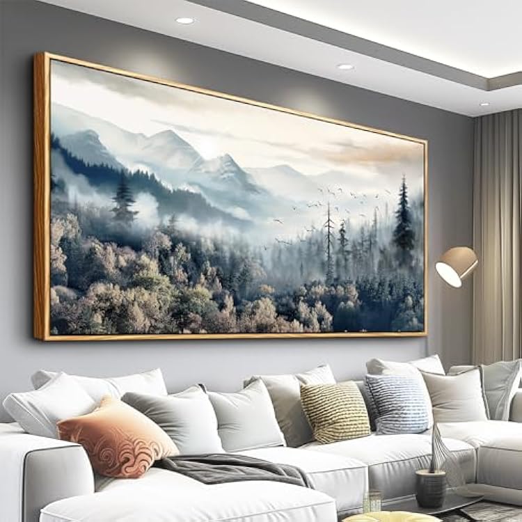 hyidecorart Wood Framed Wall Art For Living Room Large Canvas Wall Decor For Office Modern Bedroom Home Decoration Fog Forest Landscape Abstract Wall Paintings Stretched and Framed Pictures Artwork