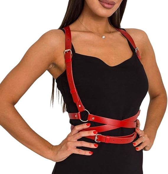 Gothic Leather Waist Harness Belt for Women - Adjustable Chest Vest Body Harness Chains Top for Party, Nightclub, Dating