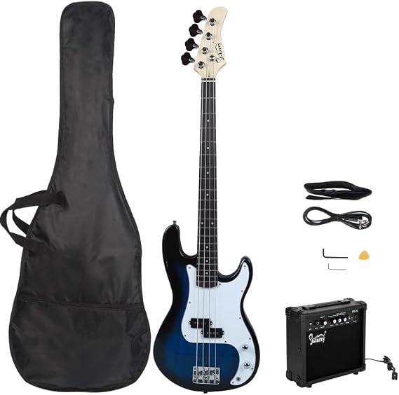Vasitelan Electric Bass Guitar 4 String Bass Guitar with 20 Watt Amplifier, Pickup,Carry Bag (Blue)