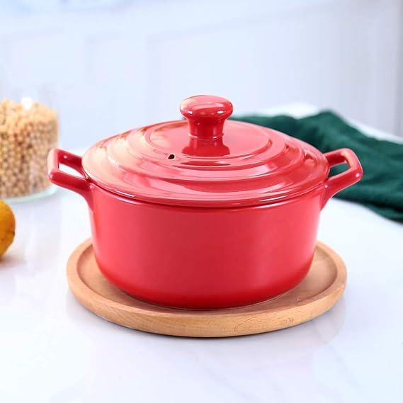 Round Ceramic Casserole Heat-Resistant earthen Pot Clay Pot Stock Pot with lid and Handle Pot (Red 2.32Quart)