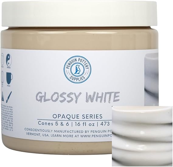 Penguin Pottery - Glossy Opaque White - Mid Fire Glaze, High Fire Glaze, Cone 5-6 for Mid Fire Clay, High Fire Clay - Ceramic Glaze Pottery (1 Pint | 16 oz | 473 ml)