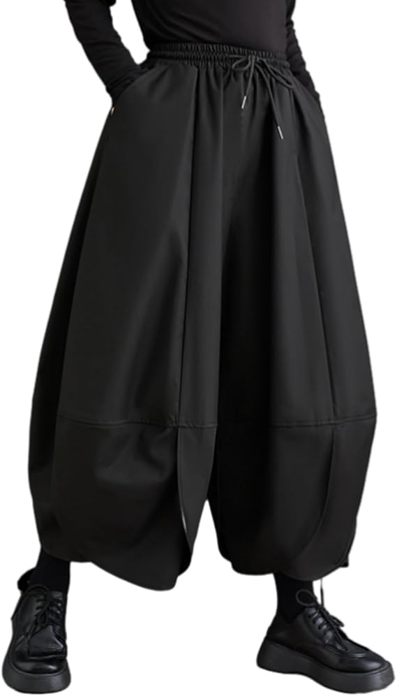 ellazhu Women's Puffy Drawstring Elastic Waist Drop Crotch Hakama Harem Wide Leg Pants GZ81 A
