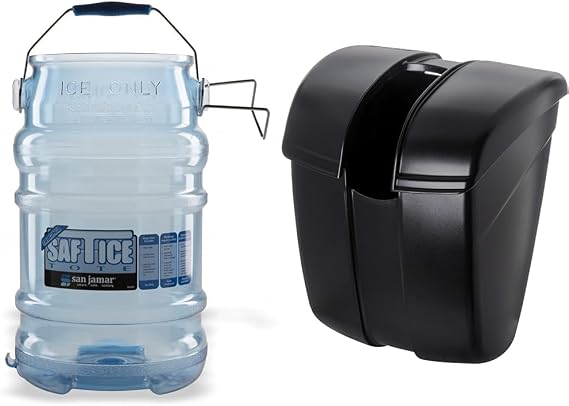 San Jamar Saf-T-Ice Plastic Ice Tote, Ice Bucket with Drying and Storage Hook for Restaurants, Bars, Catering Events, Buffets, 6 Gallons, Blue & Saf-T-Ice Plastic Scoop Caddy for Scoops, 86 oz, Black