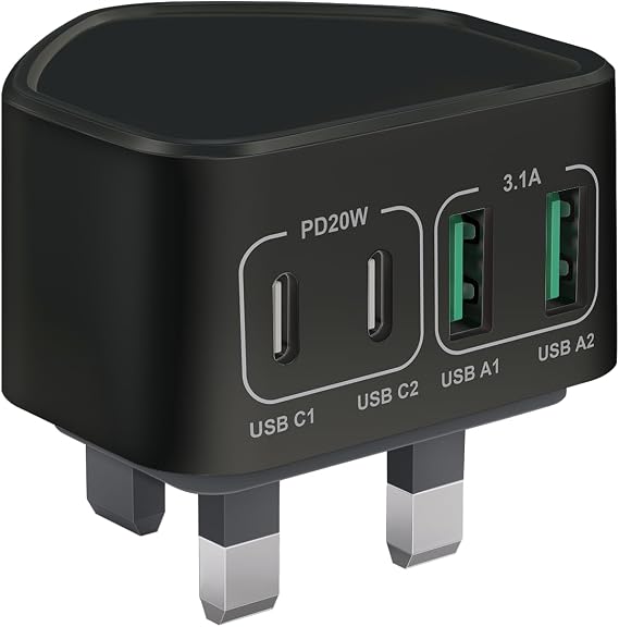 USB C Plug Fast Charger Plug UK for iPhone 17 16 15 14 13 12 11 Pro Max Plus, iPad, Samsung, Huawei, Google, 40W 4-Port USB Wall Plug Fast Charge Multi USBC Charging PlugType C PD Power Adapter