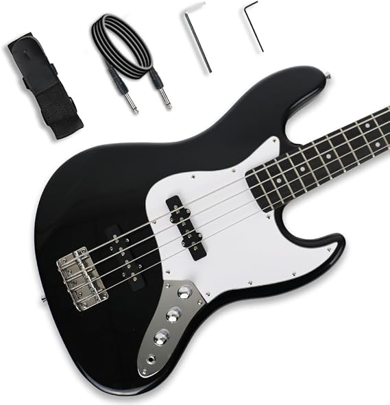 4string Electric Bass Guitar Black Standard Full Size Solid Paulownia Body Maple Neck Right Hand With Noiseless Cable Strap Wrenches For Starter Beginner Practice In Home Or Outdoor (BK)