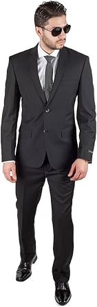 Slim Fit Men Suit Solid Black 2 Button Notch Lapel Flat Front Pants by Azar