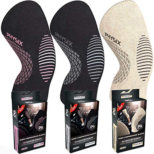 Physix Gear 3 Pack of Knee Support Brace Compression Sleeve in 1Grey  1Pink  1Beige L size