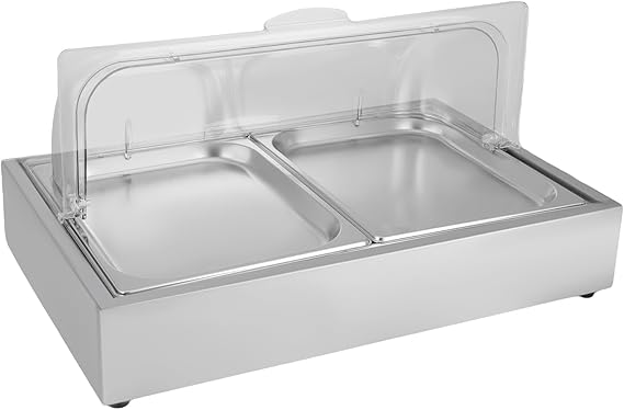 Ice Food Serving Display Container with Clear Roll Top Cover, Stainless Steel Food Serving Tray Buffet Condiment Dispenser for Seafood Salad Fruit Party