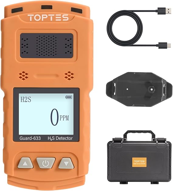 TOPTES Guard-633 H2S Detector, H2S Monitor Clip On with Precise Gas Sensor, 0.5S Fast Response, 7-Day Battery Life, Low Battery Alert, Adjustable Alarm Range, 3 Alarm Modes, Explosion-Proof Safety