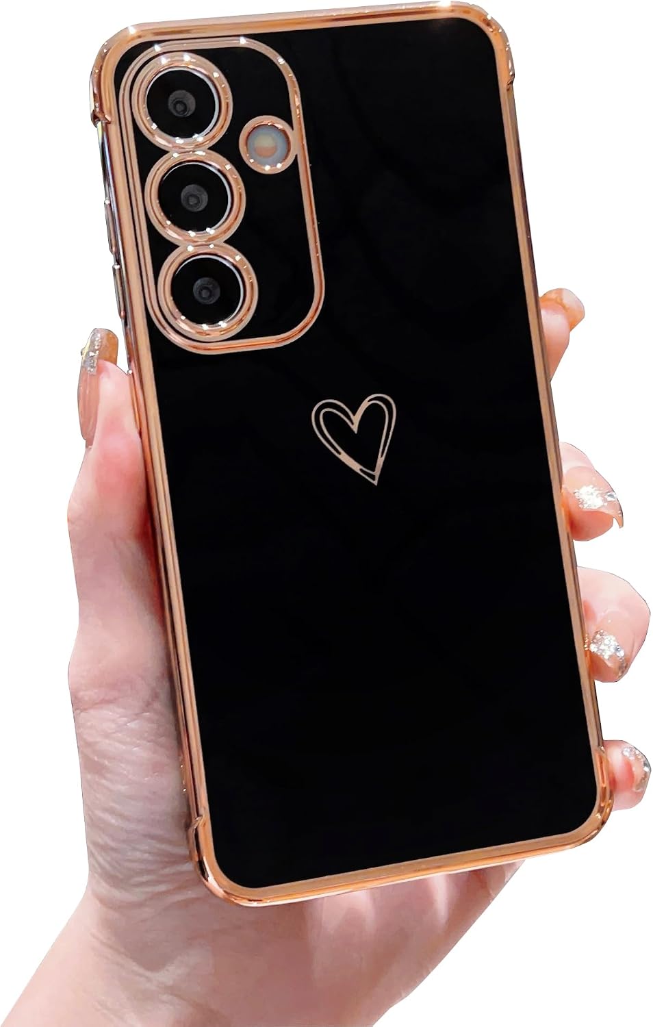 DEFBSC Compatible with Samsung Galaxy S25 Plus Case with Gold Heart, Luxury Plating Edge Bumper Cute Case with Full Camera Protection for Women Girls, Anti-Scratch Shockproof Phone Cover, Black