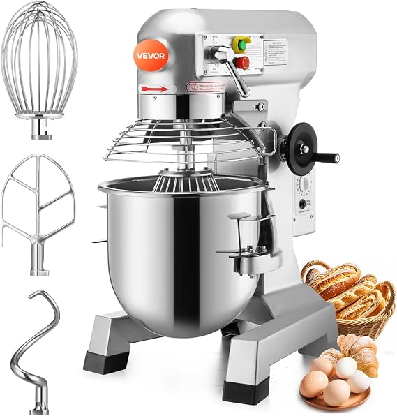 Happybuy Commercial Food Mixer has 20Qt capacity, 750W power, 3 speeds. Includes a steel bowl, hooks, and beater. Suits schools, bakeries, etc.