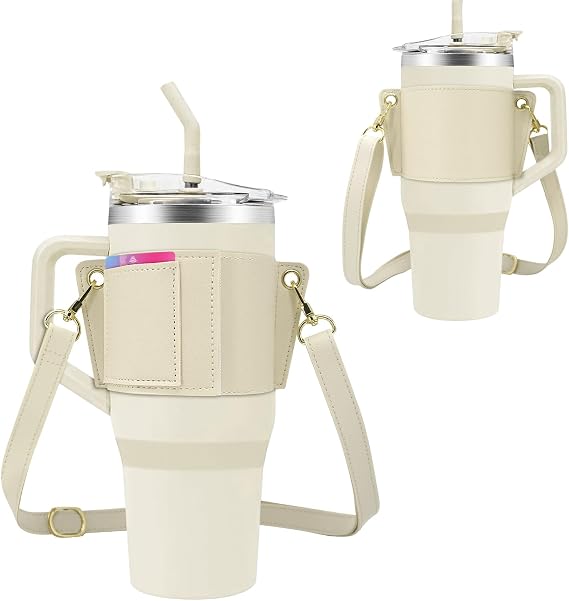 Water Bottle Holder for Stanley Tumblers with Handle Leather Carrier Strap for 40oz 30oz Stanley Cup Accessories Water Bottle Carrier with Adjustable Strap Card Holder Key Ring White