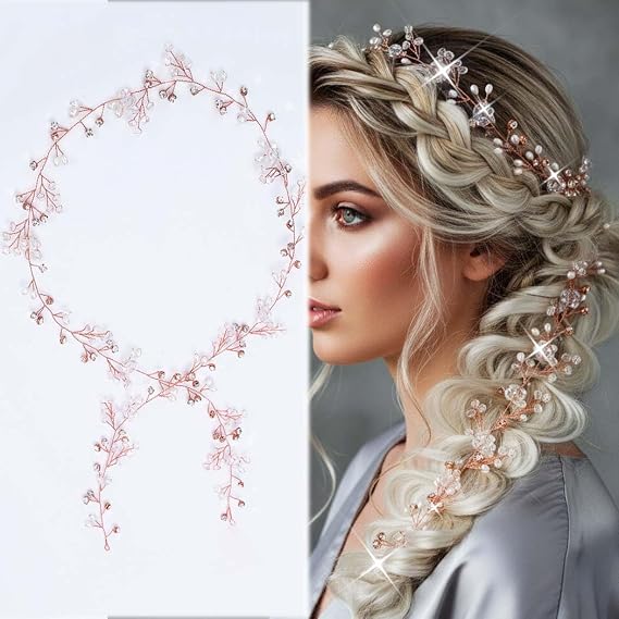 Yean Wedding Hair Vine Long Bridal Headband Hair Accessories for Bride and Bridesmaid (100cm / 39.3inches) (Rose Gold)
