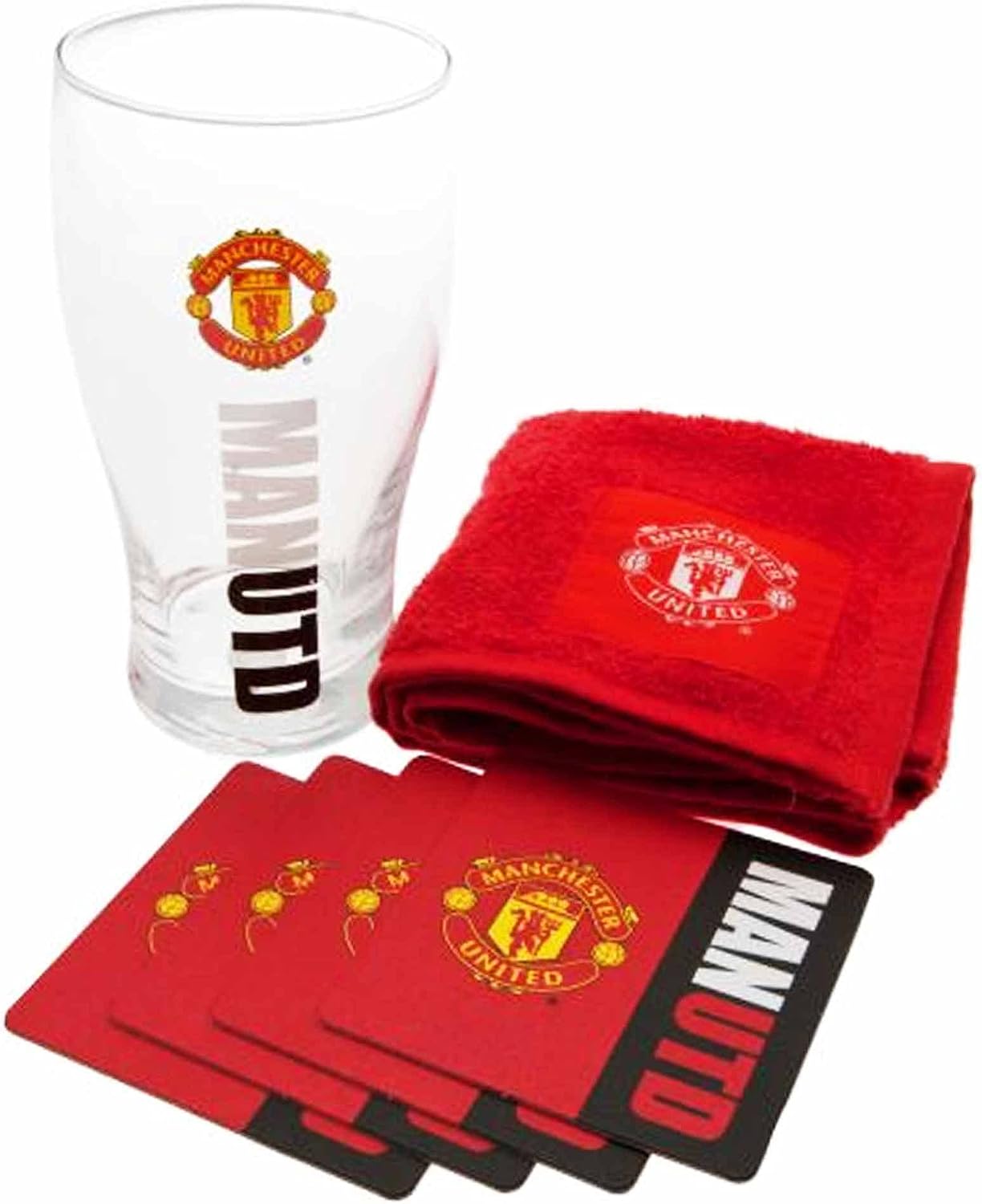 Official Manchester Utd Mini Bar Set Pint Glass, Bar Towel &amp; Coasters