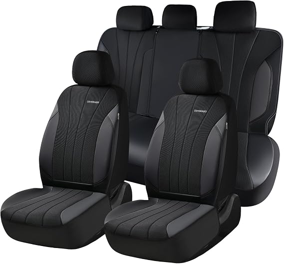 Coverado Car Seat Covers Full Set, Automotive Seat Covers 5-piece, Leather Car Protectors 5 Seats, Black Auto Seat Covers Spill-Proof Design Universal Fit for SUV, Vans, Sedan, Truck